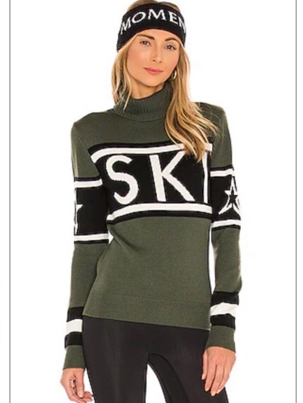 Perfect Moment Olive Green Turtleneck Sweater with Black & White Panels